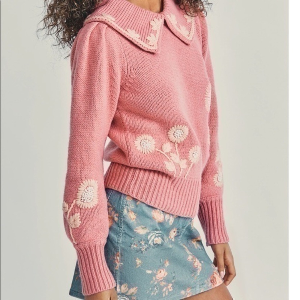 LoveShackFancy Union Collared Pullover Sweater in Rose Blush Size Large